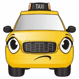 Kreskówkowy, żółty samochód taxi z dużymi oczami i smutną miną.