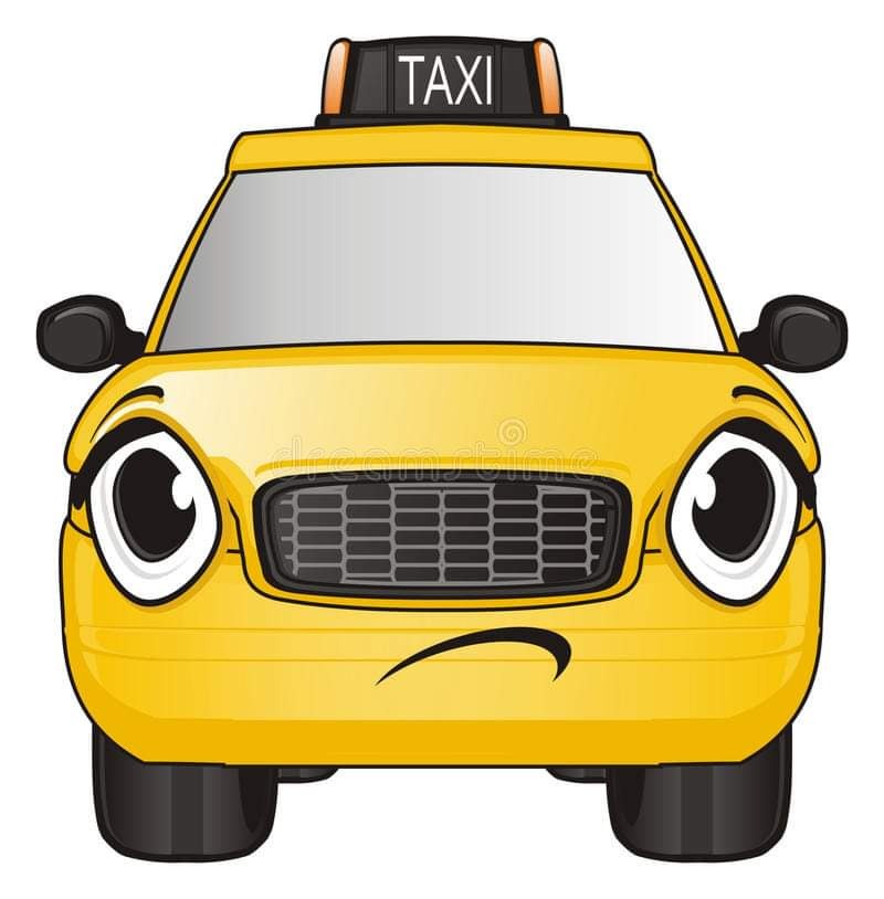Kreskówkowy, żółty samochód taxi z dużymi oczami i smutną miną.