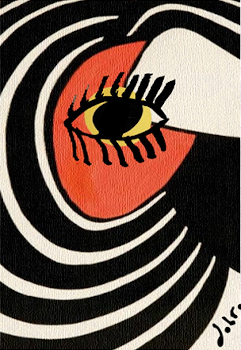 Abstrakcyjna kompozycja malarska przedstawiająca oko z czarną źrenicą i żółtą tęczówką na czerwonym tle, otoczone czarno-białymi, spiralnymi liniami na teksturowanym płótnie.