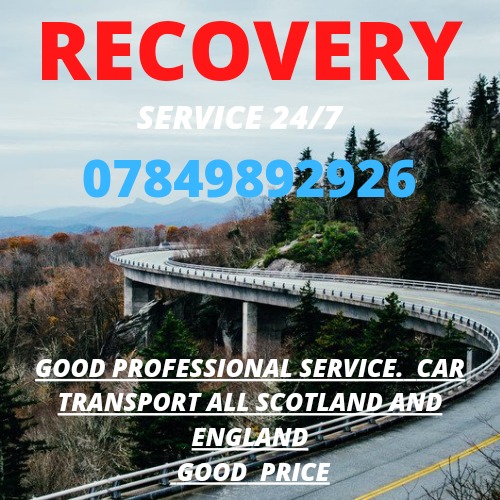 Reklama usług transportowych z numerem telefonu i informacją o transporcie w Szkocji i Anglii na tle malowniczego wiaduktu górskiego.