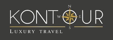 Logo firmy Kontour Luxury Travel z kompasem w miejscu litery 'O', na szarym tle.