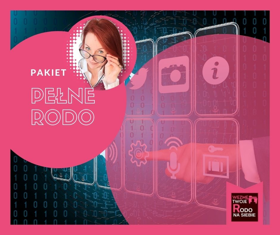 Grafika reklamowa pakietu usług związanych z pełnym RODO, prezentująca uśmiechniętą kobietę w okularach, nakładającą się na interfejs użytkownika z ikonami aplikacji i binarnym tłem.