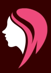 Stylizowany profil kobiety z różowymi włosami na ciemnoczerwonym tle, logo.