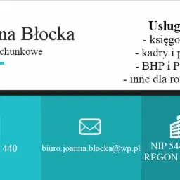 Wizytówka biura rachunkowego Joanna Błocka, z numerem telefonu, adresem e-mail, NIP i REGON oraz listą świadczonych usług: księgowe, kadry i płace, BHP i PPOŻ, inne dla rolnictwa.