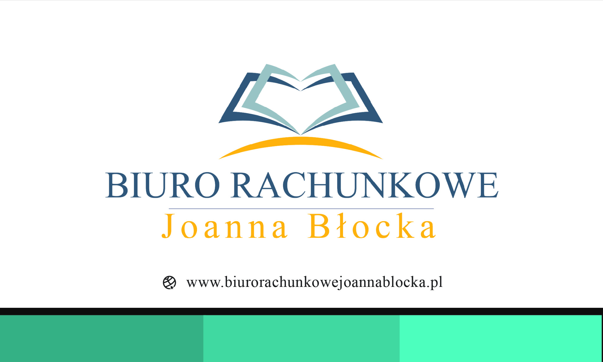Logo biura rachunkowego Joanna Błocka w Siemiatyczach, przedstawiające otwartą księgę nad napisem nazwy firmy oraz adresem strony internetowej.
