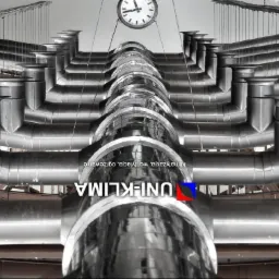 Srebrne, metalowe rury wentylacyjne podwieszone pod sufitem, widok z dołu, z widocznym logo firmy Uni-Klima i zegarem na ścianie w tle.