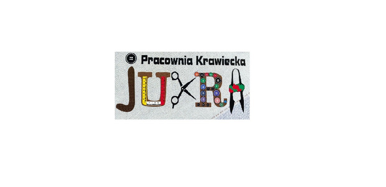 Logo pracowni krawieckiej 'JUXIRA' z Torunia, litery stylizowane na przybory krawieckie: miarka, nożyczki, guziki, prujka.
