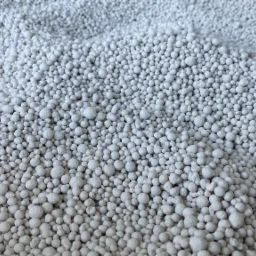 Zbliżenie na białe granulki, prawdopodobnie produkt rolniczy, wypełniające całą klatkę, ukazane w neutralnym oświetleniu.