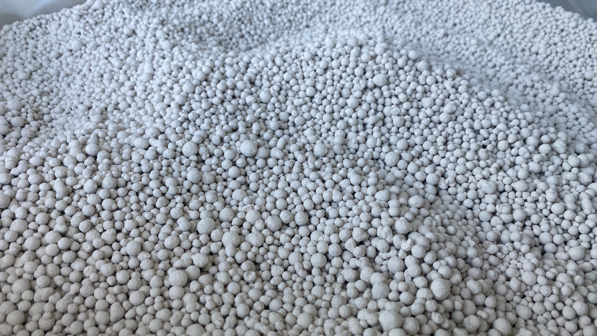 Zbliżenie na białe granulki, prawdopodobnie produkt rolniczy, wypełniające całą klatkę, ukazane w neutralnym oświetleniu.