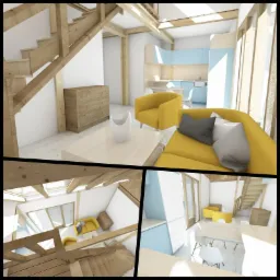 Wizualizacja wnętrza: salon z drewnianymi schodami, żółtą sofą i fotelem, komodą oraz otwartą kuchnią w odcieniach błękitu i bieli, prezentowana w formie kolażu z różnych perspektyw.