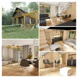 Wizualizacja projektu domu z drewnianą elewacją i pergolą, ukazująca również wnętrza: salon z schodami, jadalnię z dekoracyjnym żyrandolem i kuchnię z nowoczesnymi meblami.