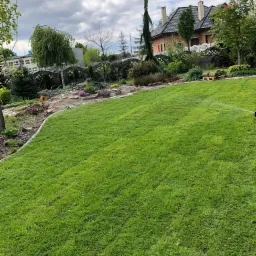 Świeżo założony trawnik z rolki w Libidzy, z systemem nawadniania w tle, widoczne rolki trawy na palecie i fragment rabaty z kwiatami oraz narzędzia ogrodnicze.