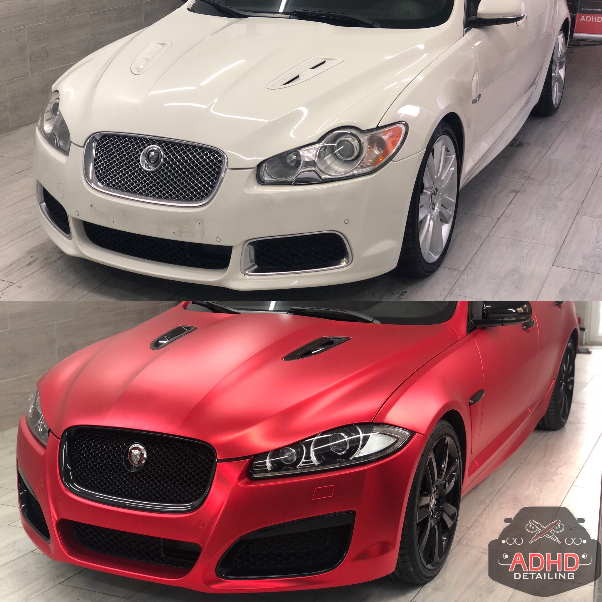 Porównanie wyglądu przedniej części białego Jaguara XF przed i po zmianie koloru na matowy czerwony, widoczne różnice w kolorze i wykończeniu.