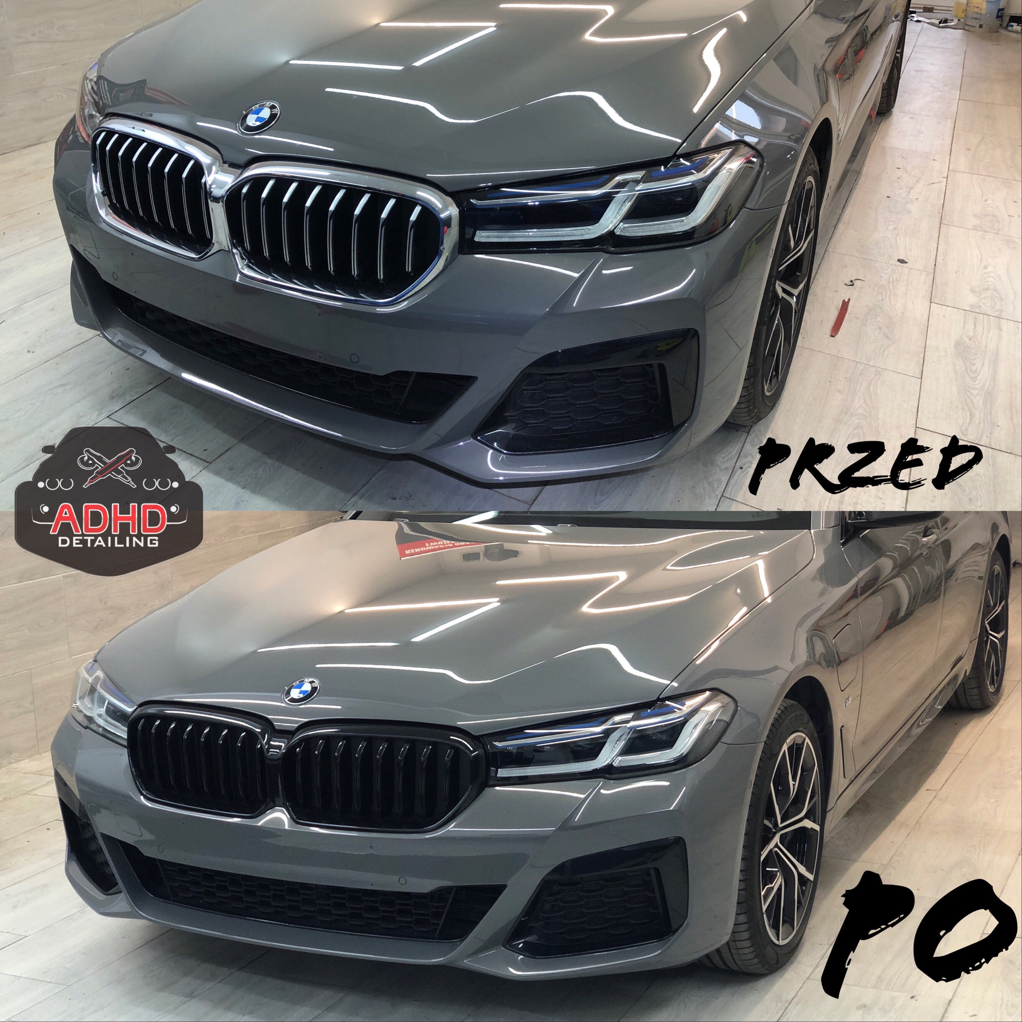 Szary samochód BMW serii 5 na zdjęciu typu 'przed i po'. Górna część pokazuje chromowany grill, dolna część pokazuje grill w kolorze czarnym. Widoczne logo firmy detailingowej w lewym dolnym rogu.