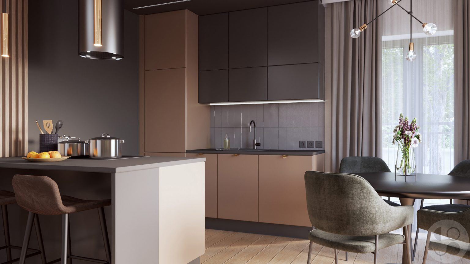 Wnętrze kuchni z wyspą, brązowo-szare szafki z minimalistycznymi uchwytami, okrągły stół z welurowymi krzesłami, kwiaty w wazonie, nowoczesna lampa wisząca nad stołem, drewniana podłoga.