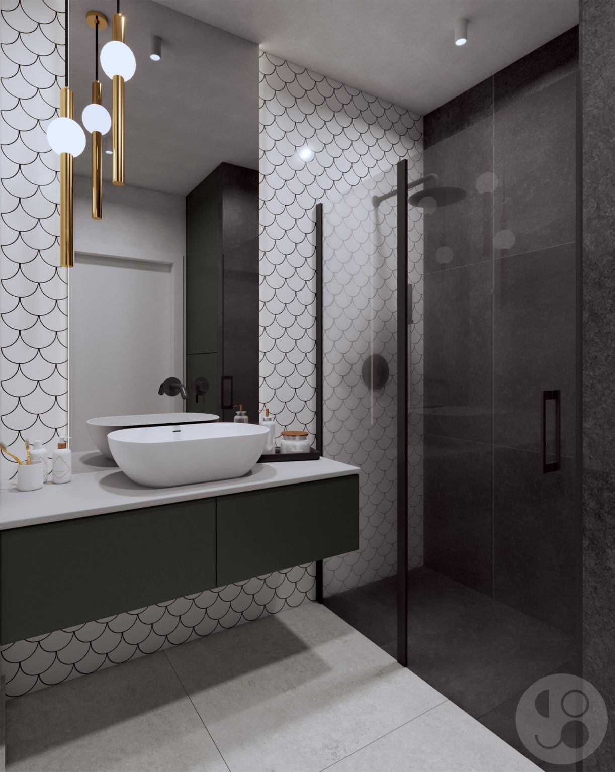 Nowoczesna łazienka z umywalką nablatową, kabiną prysznicową typu walk-in i mozaiką w kształcie rybiej łuski na ścianach. Złote lampy wiszące dodają elegancji.