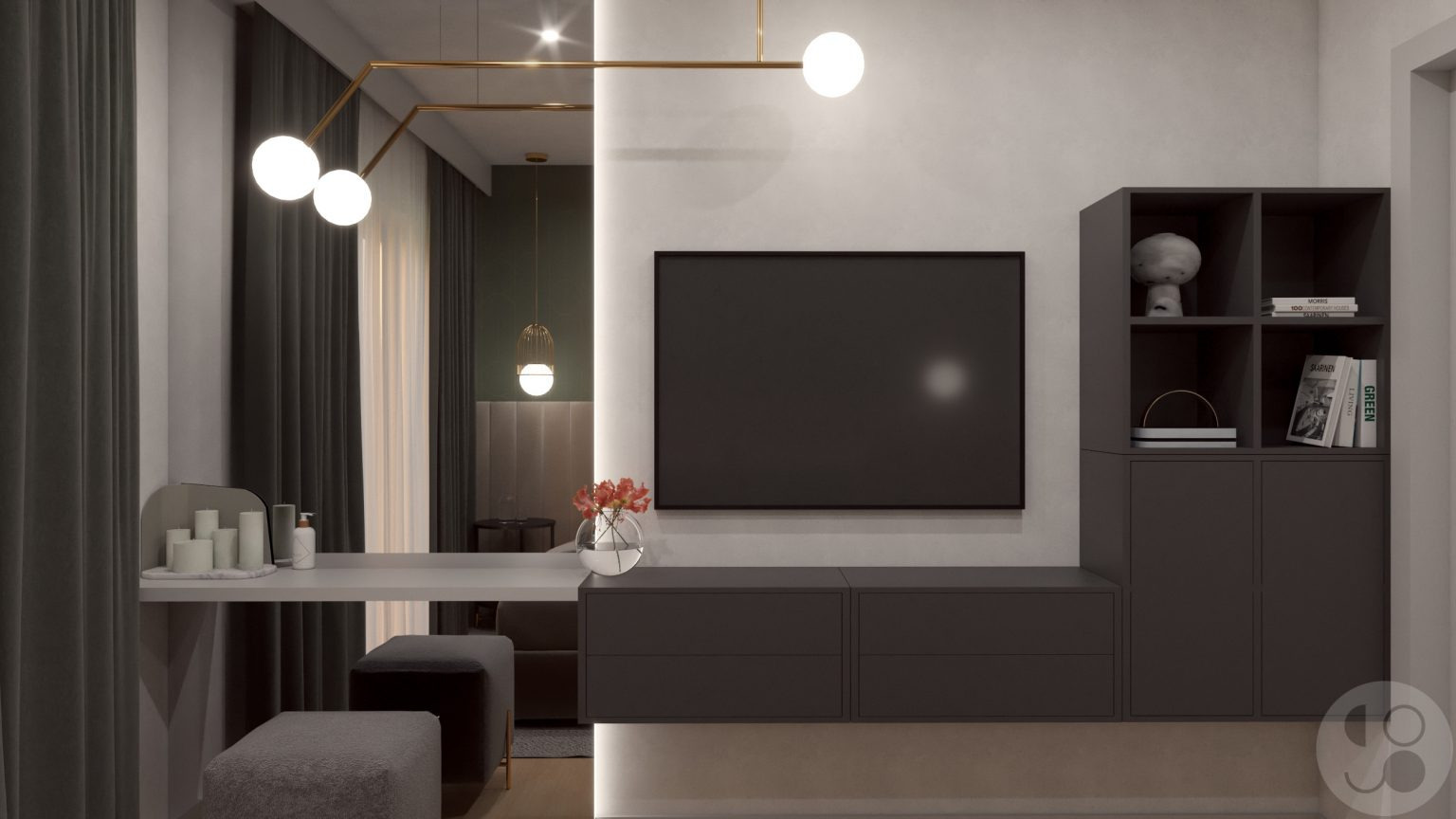Wizualizacja wnętrza pokoju dziennego z szarą zabudową meblową, telewizorem, toaletką z lustrem i pufami, oświetleniem punktowym oraz dekoracjami.