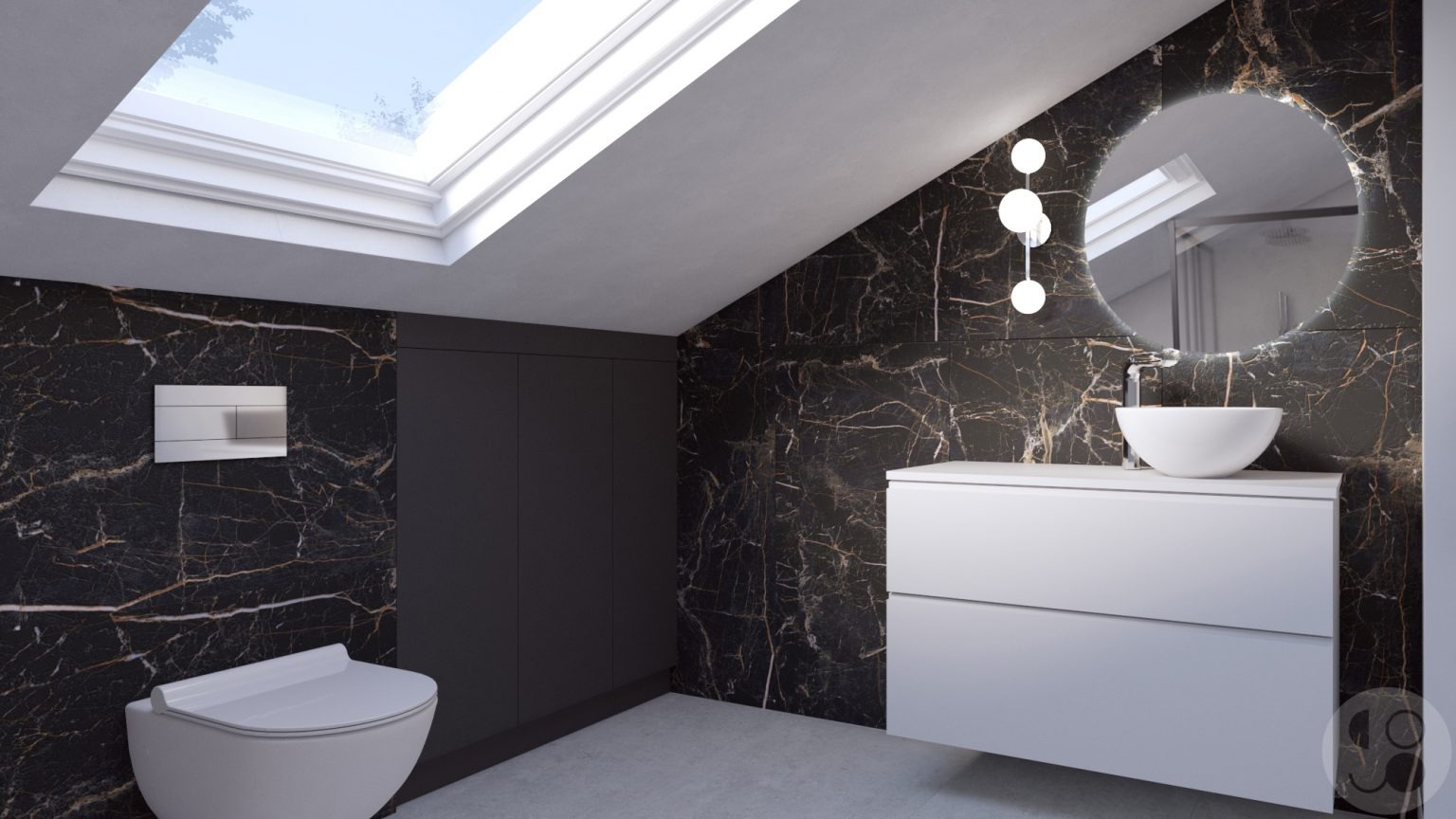Wizualizacja łazienki na poddaszu w Bydgoszczy z czarnymi płytkami imitującymi marmur, okrągłym lustrem z podświetleniem, białą umywalką nablatową i podwieszaną toaletą.