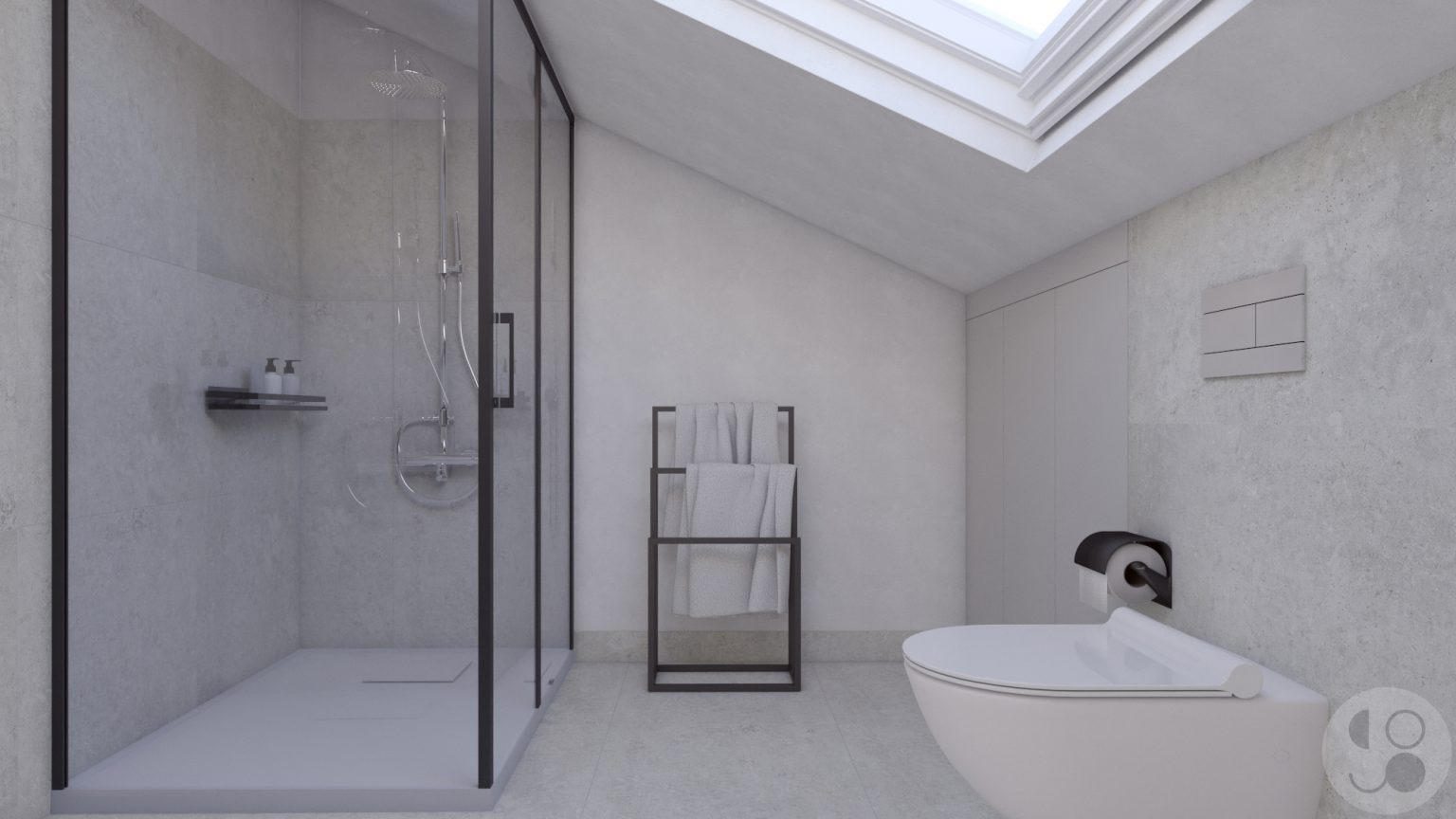 Wizualizacja łazienki na poddaszu ze szklaną kabiną prysznicową, grzejnikiem drabinkowym na ręczniki i toaletą, doświetlona oknem dachowym.