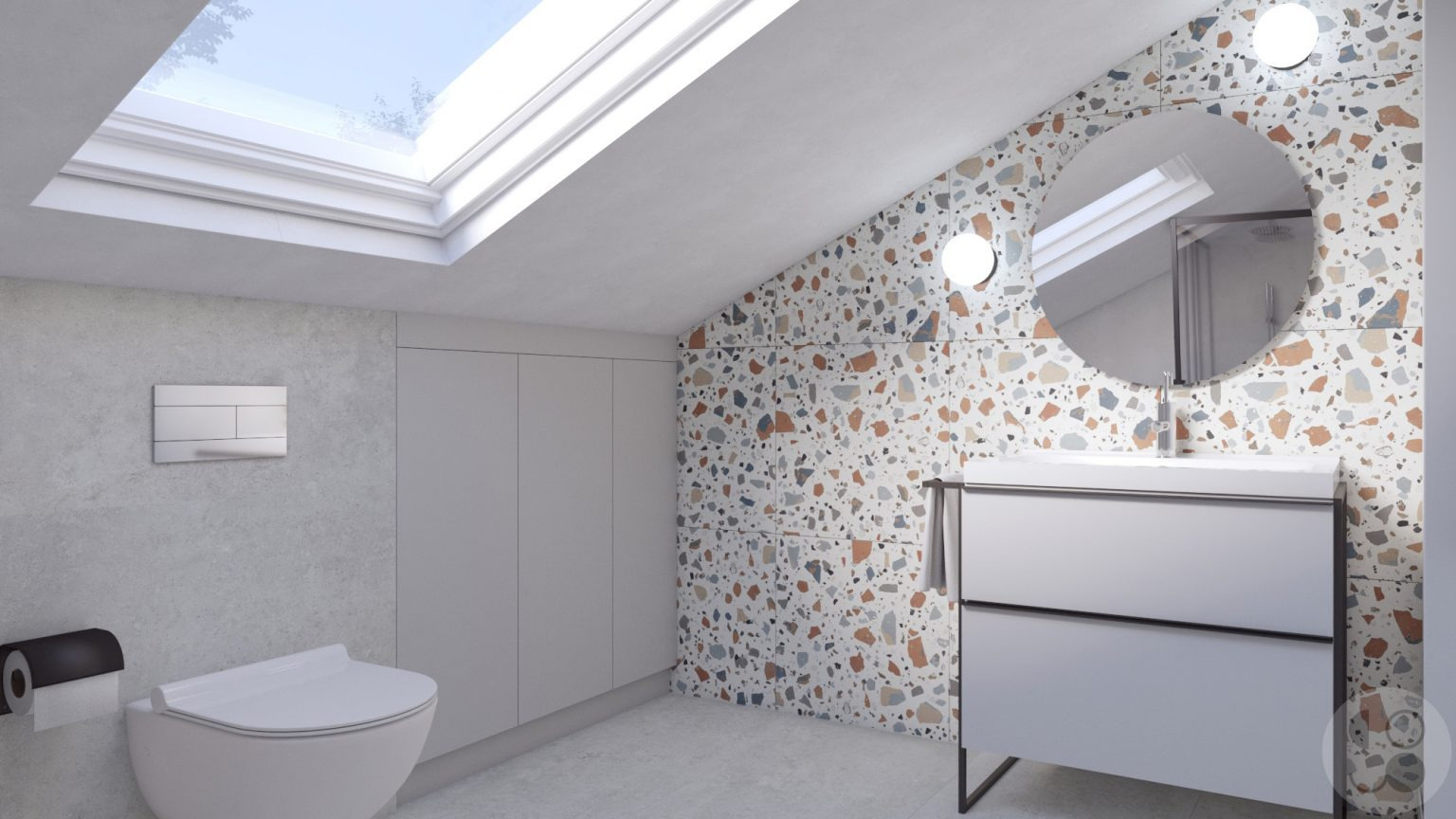 Wizualizacja łazienki na poddaszu z oknem dachowym, umywalką na metalowym stelażu, okrągłym lustrem i toaletą pod zabudowę, wykończona płytkami lastryko.