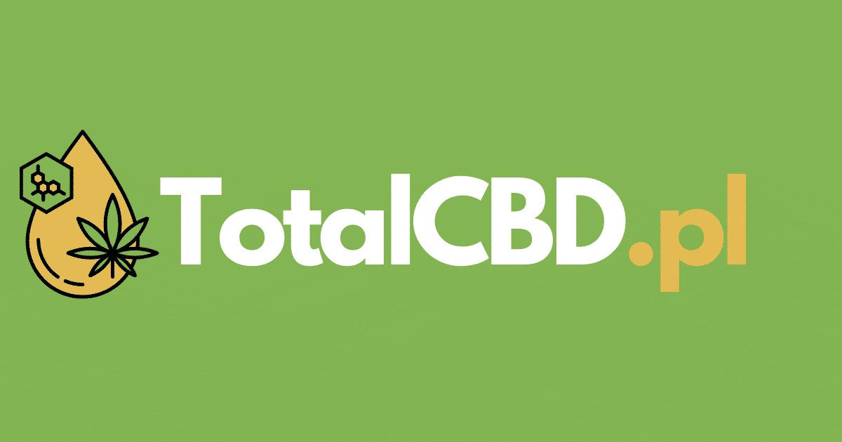 Grafika logotypu TotalCBD.pl z motywem kropli oleju i liścia konopi na jednolitym zielonym tle.