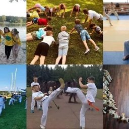 Klub sportowy Capoeira Camangula Poznań - Montaż zdjęć z różnych zajęć: grupa w żółtych koszulkach na plaży, dzieci ćwiczące na trawie, osoba w pozycji walki na macie, capoeira na trawie, dwóch mężczyzn w białych strojach kopiących się...