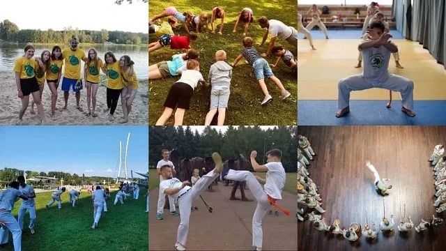 Montaż zdjęć z różnych zajęć: grupa w żółtych koszulkach na plaży, dzieci ćwiczące na trawie, osoba w pozycji walki na macie, capoeira na trawie, dwóch mężczyzn w białych strojach kopiących się...