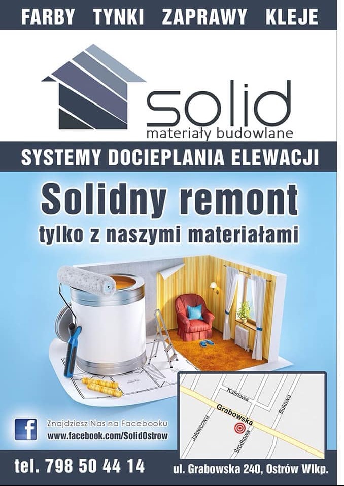 Reklama składu budowlanego Solid z Ostrowa Wielkopolskiego, oferującego farby, tynki, zaprawy, kleje oraz systemy docieplania elewacji, prezentująca puszkę z farbą, wałek malarski, drabinę...