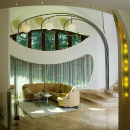 Jasny salon w Michałowicach z narożną sofą, marmurową podłogą i oryginalnym oknem z dekoracyjnym oświetleniem, widok na ogród przez firanki.