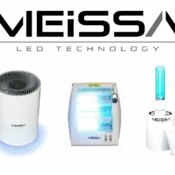 Zdjęcie prezentuje trzy urządzenia LED firmy MEiSSA: oczyszczacz powietrza z podświetleniem, lampę owadobójczą z pilotem oraz lampę UV-C z pilotem do dezynfekcji pomieszczeń.