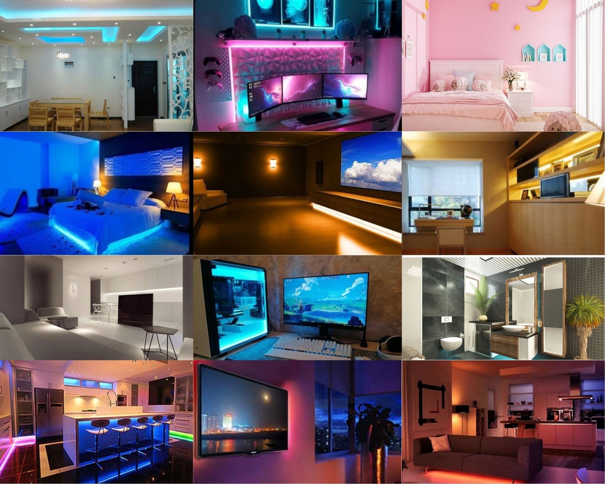 Kolaż zdjęć przedstawiających różne aranżacje wnętrz z wykorzystaniem oświetlenia LED: salon z podświetlonym sufitem, pokój gracza z neonowym oświetleniem, różowy pokój dziecięcy, sypialnia...