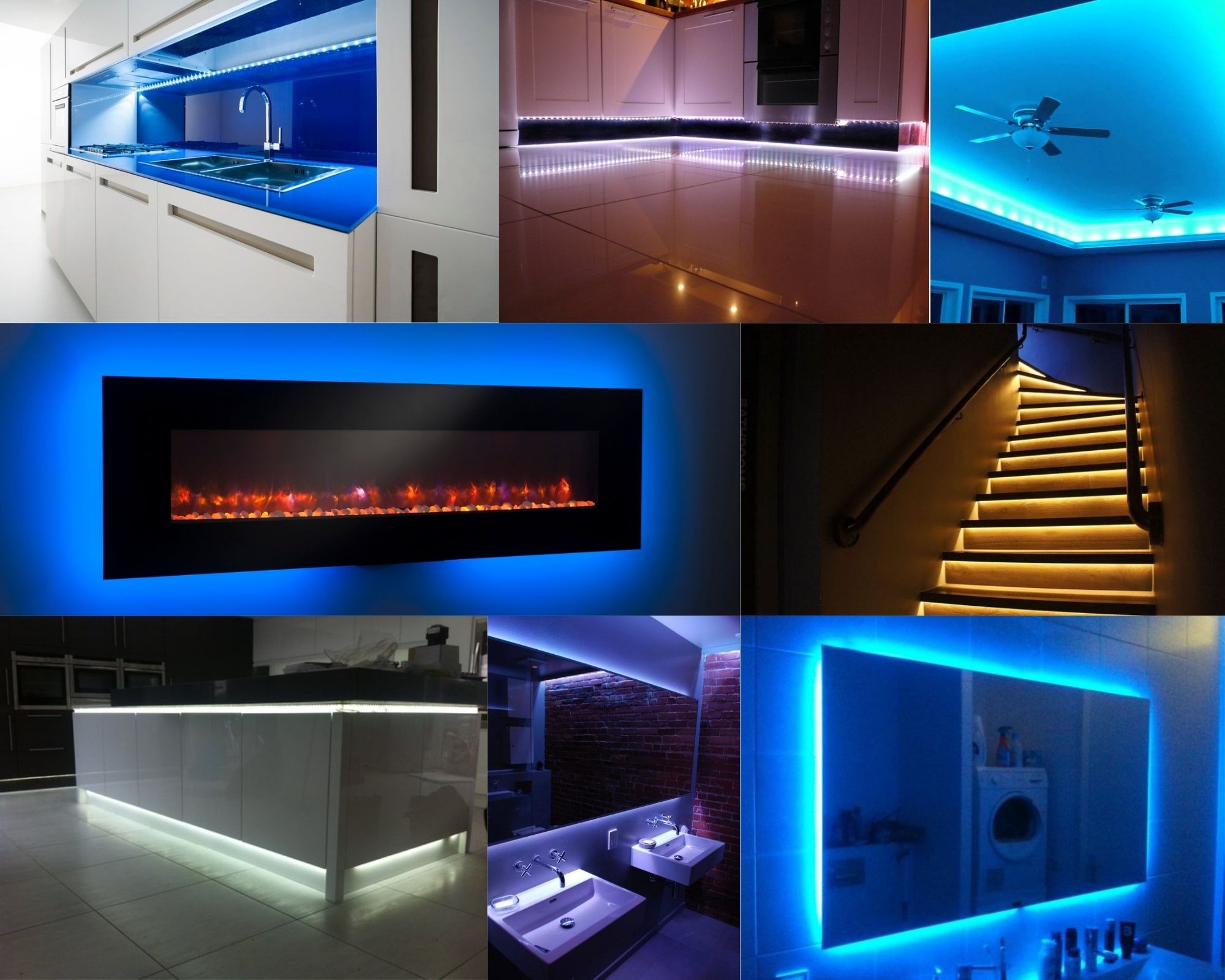 Kompozycja zdjęć prezentująca różnorodne aranżacje oświetlenia LED w domu: podświetlenie szafek kuchennych, sufitu w salonie z wentylatorami, schodów, ściany z kominkiem elektrycznym oraz lustra...