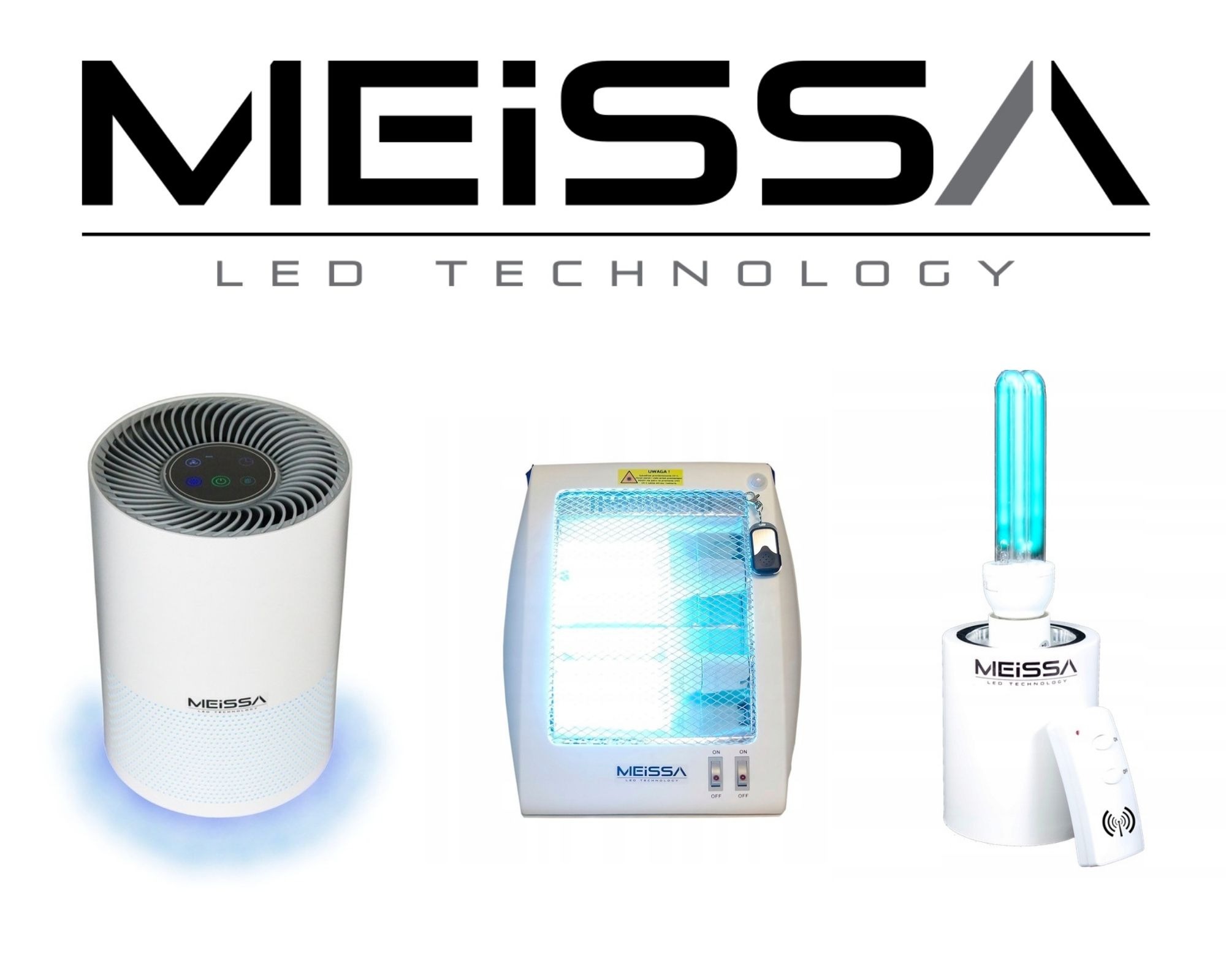 Zdjęcie prezentuje trzy urządzenia LED firmy MEiSSA: oczyszczacz powietrza z podświetleniem, lampę owadobójczą z pilotem oraz lampę UV-C z pilotem do dezynfekcji pomieszczeń.