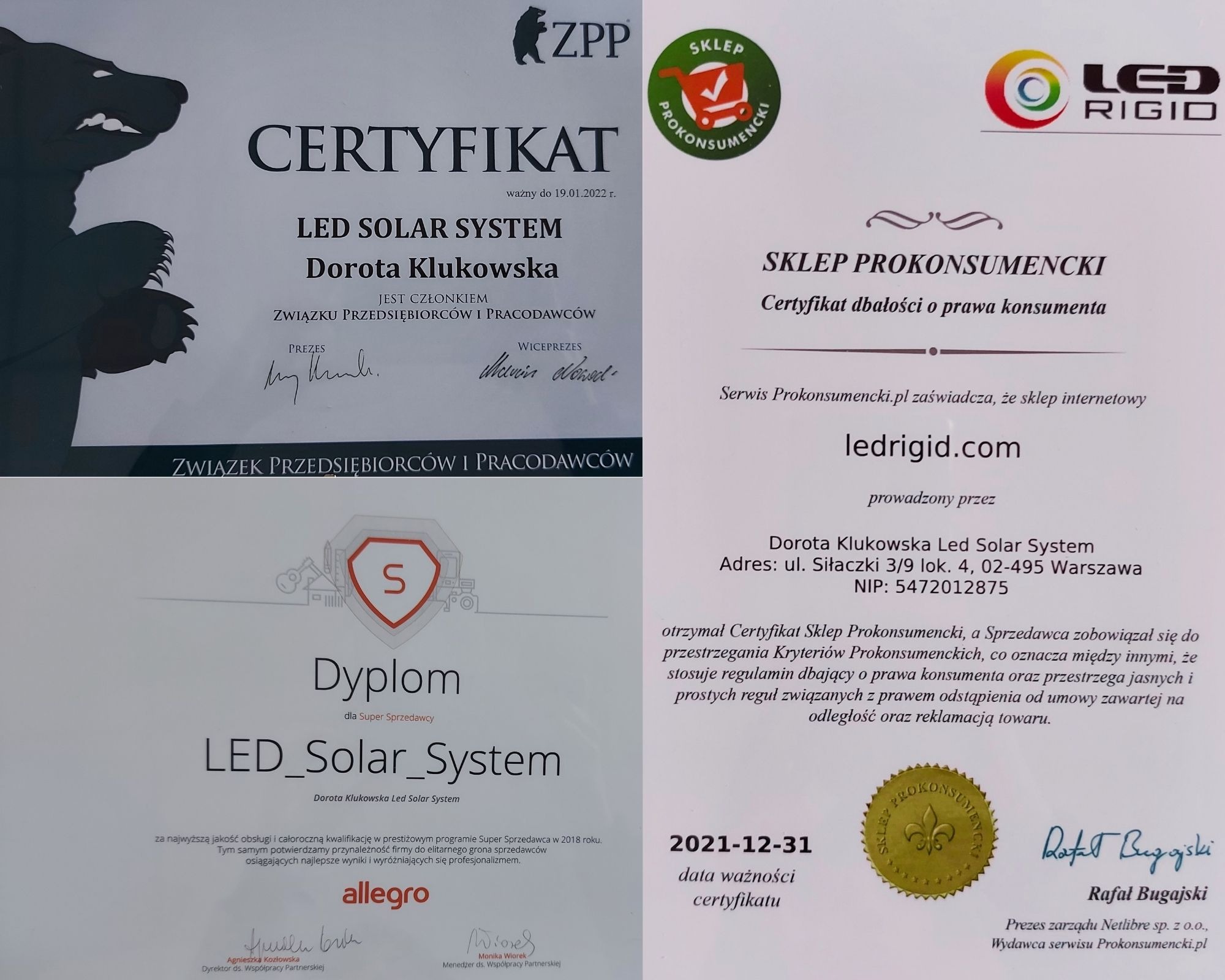 Skan dyplomu i certyfikatu dla firmy LED Solar System, potwierdzające przynależność do Związku Przedsiębiorców i Pracodawców oraz certyfikat Sklep Prokonsumencki.