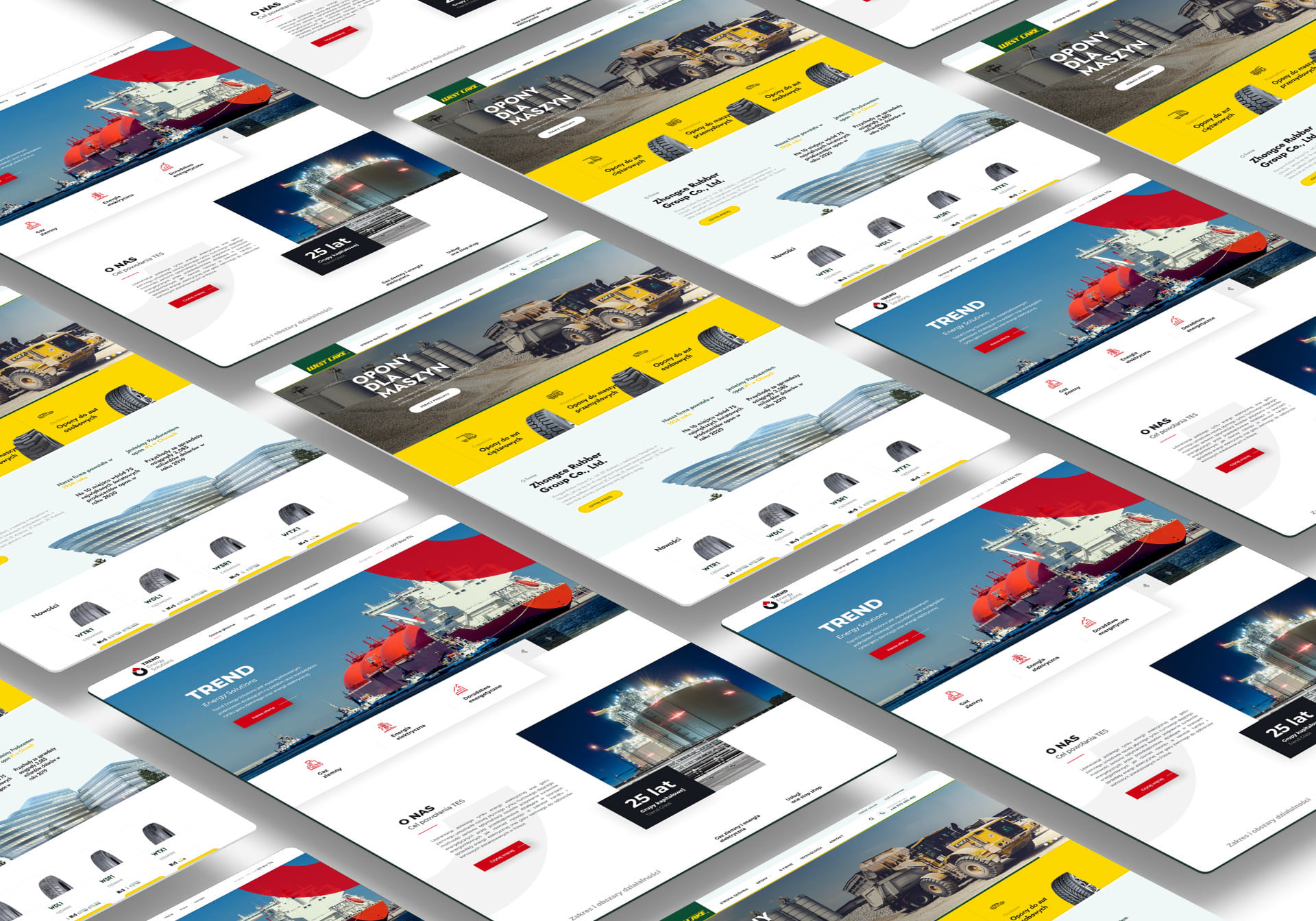 Wiele ekranów laptopów ułożonych pod kątem, prezentujących responsywny układ strony internetowej z motywem opon i maszyn, z elementami graficznymi i tekstowymi wyświetlanymi na różnych urządzeniach.