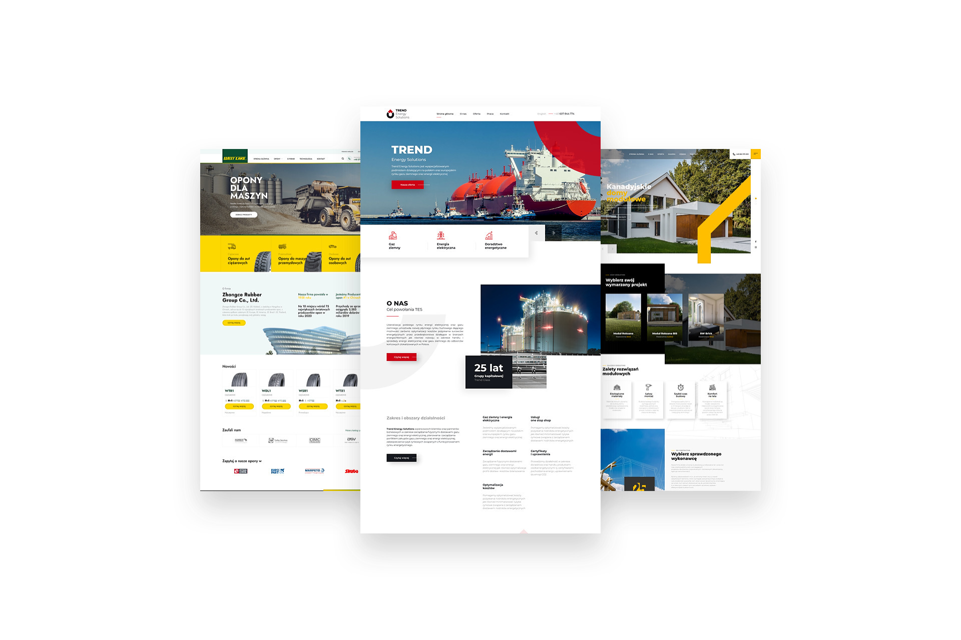 Kompozycja trzech różnych stron internetowych z branży oponiarskiej, energetycznej i budowlanej, ukazujących zróżnicowane projekty graficzne i układy treści.