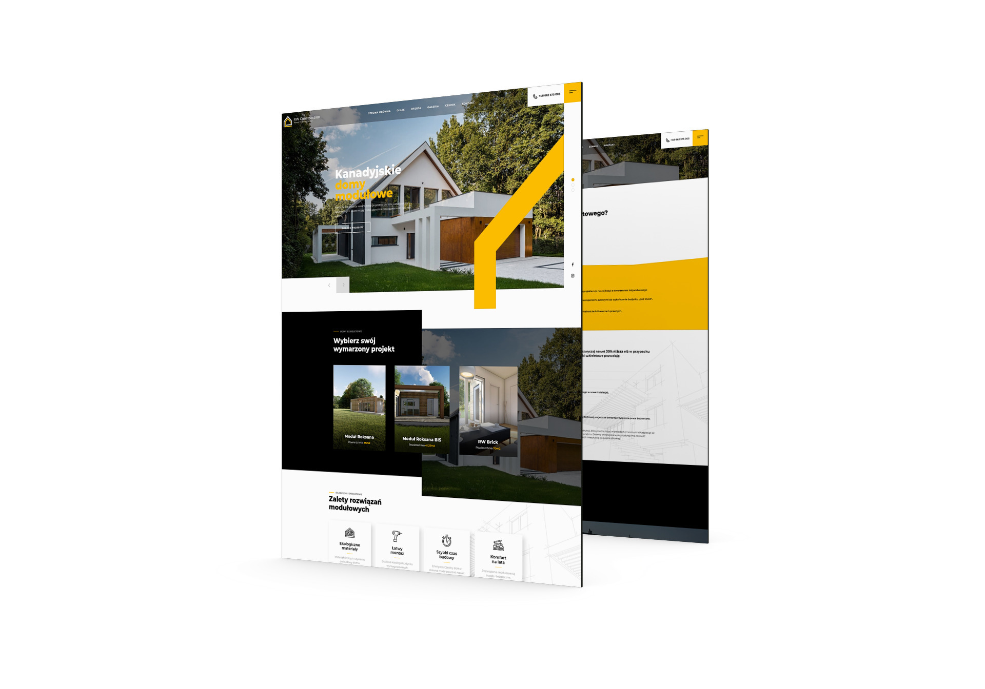 Prezentacja responsywnej strony internetowej z wizualizacją nowoczesnego domu modułowego z elementami drewna, wyświetlana na dwóch ekranach z różnymi sekcjami strony.