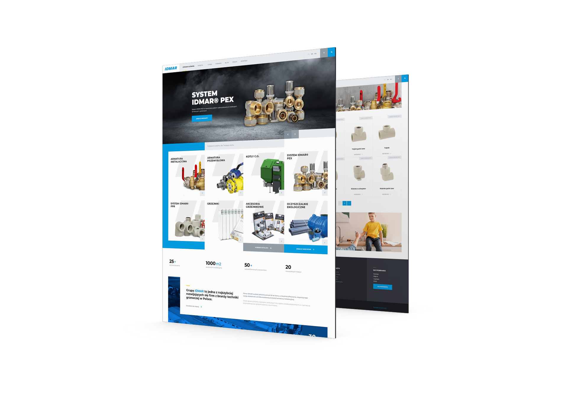 Prezentacja responsywnej strony internetowej firmy IDMAR z branży techniki grzewczej, wyświetlającej ofertę produktową, w tym armaturę, kotły i grzejniki.