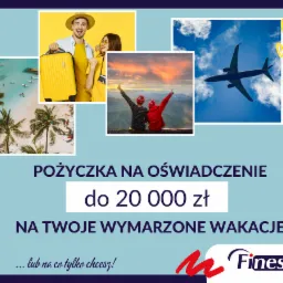 Kompozycja graficzna promująca pożyczkę na wakacje: zdjęcia z wakacyjnymi motywami (para z walizką, plaża z palmami, para na tle zachodu słońca, samolot na tle nieba) otaczają napis 'Pożyczka...