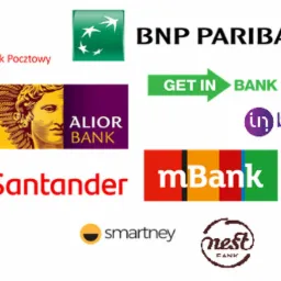 Kompilacja logotypów różnych banków, w tym Alior Bank, BNP Paribas, mBank, Santander, Bank Pocztowy, Getin Bank, Inbank, Smartney i Nest Bank, na białym tle.