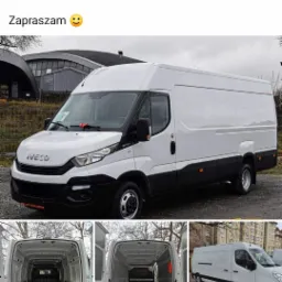 Biały furgon Iveco Daily z widocznym wnętrzem przestrzeni ładunkowej, prezentowany z zewnątrz i od wewnątrz, z ogłoszeniem o transporcie i wynajmie z kierowcą.