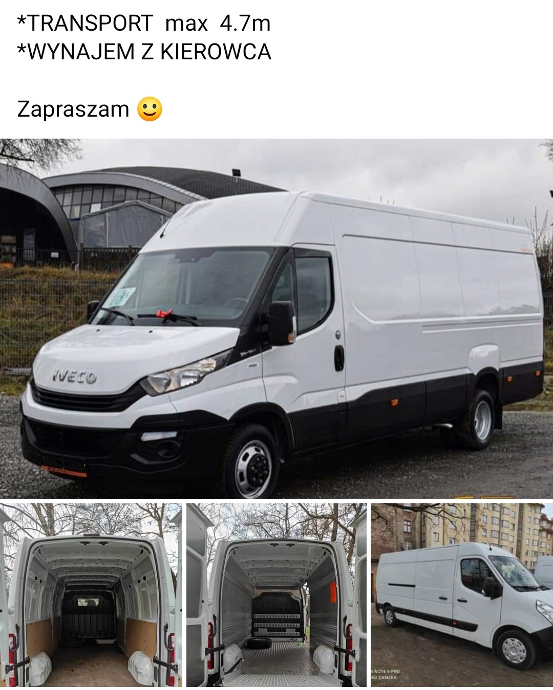 Biały furgon Iveco Daily z widocznym wnętrzem przestrzeni ładunkowej, prezentowany z zewnątrz i od wewnątrz, z ogłoszeniem o transporcie i wynajmie z kierowcą.