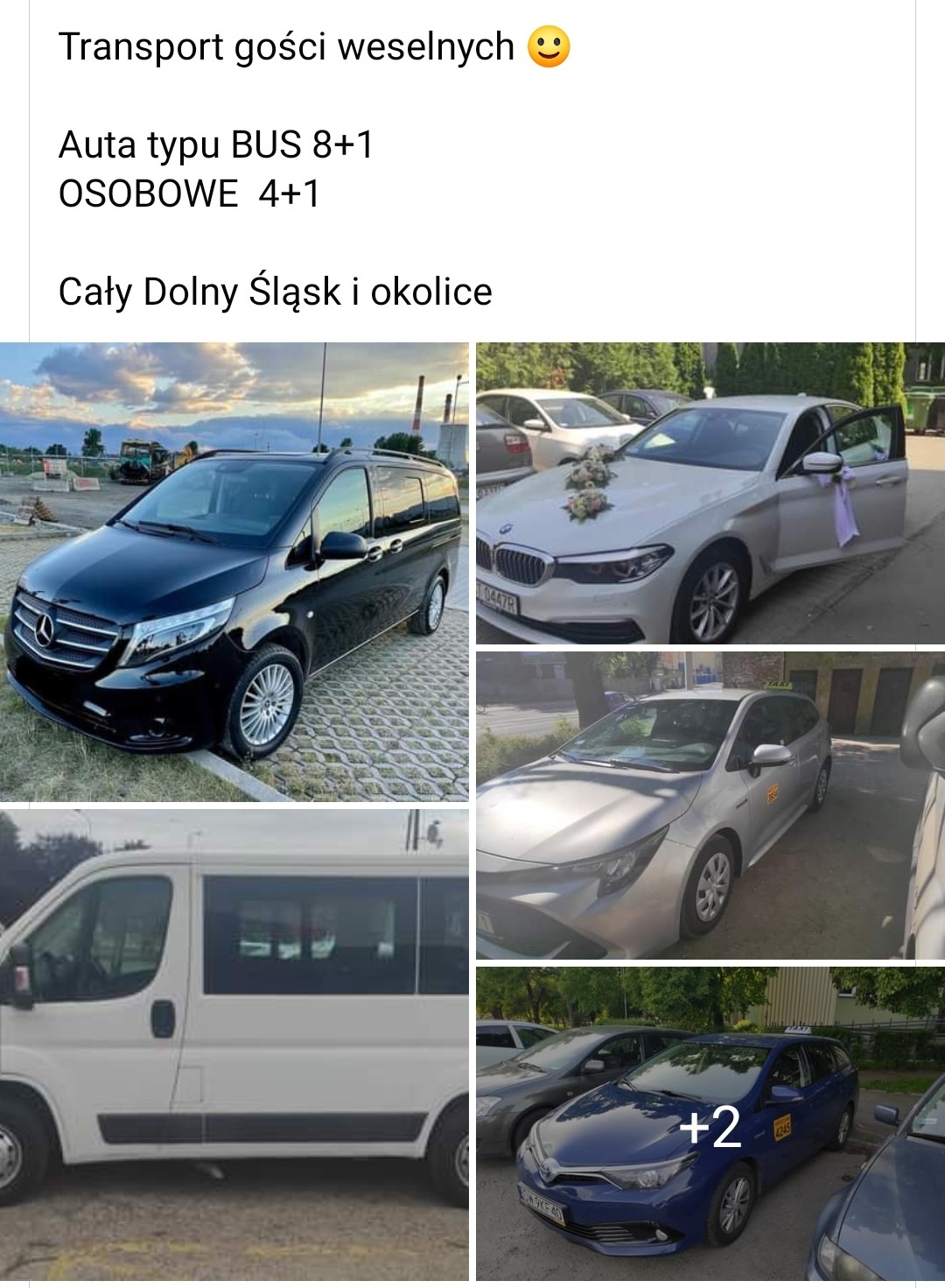 Kolaż zdjęć: Czarny van Mercedes na kostce, białe BMW z dekoracją kwiatową na masce i otwartymi drzwiami, srebrna Toyota kombi z naklejką taxi, niebieska Toyota kombi z naklejką taxi i widocznymi...