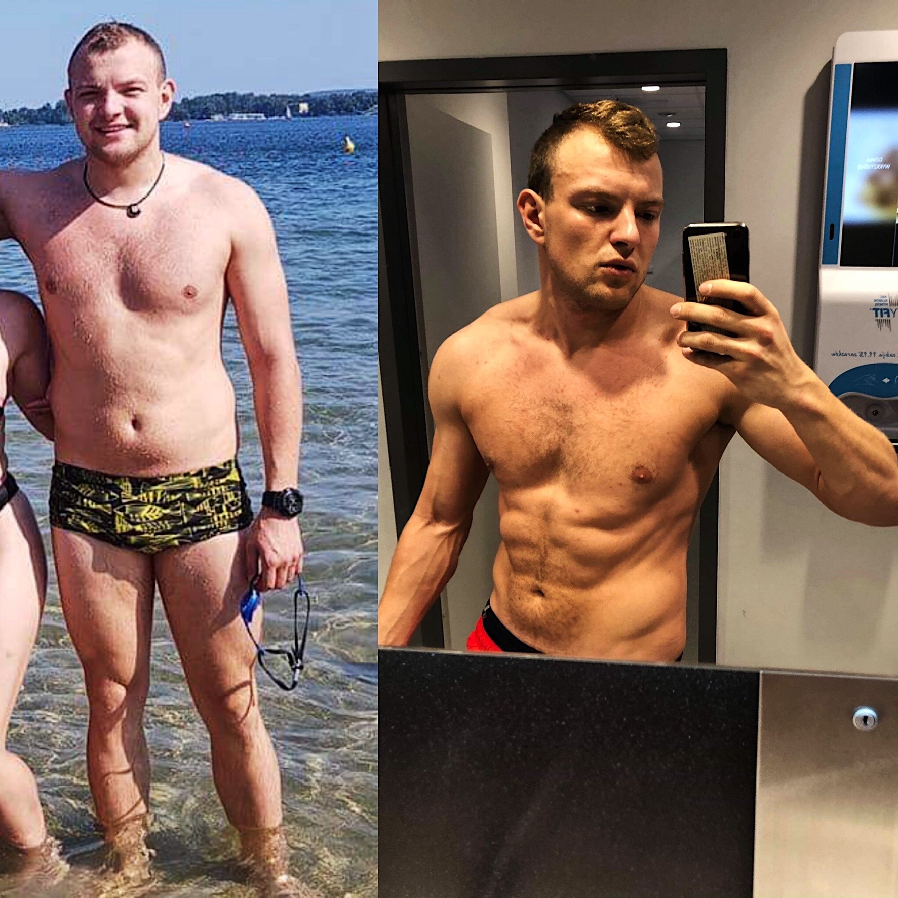 Mężczyzna przed i po transformacji sylwetki. Po lewej: mężczyzna w wodzie, widoczna oponka na brzuchu. Po prawej: mężczyzna robiący selfie w lustrze, widoczne mięśnie brzucha.