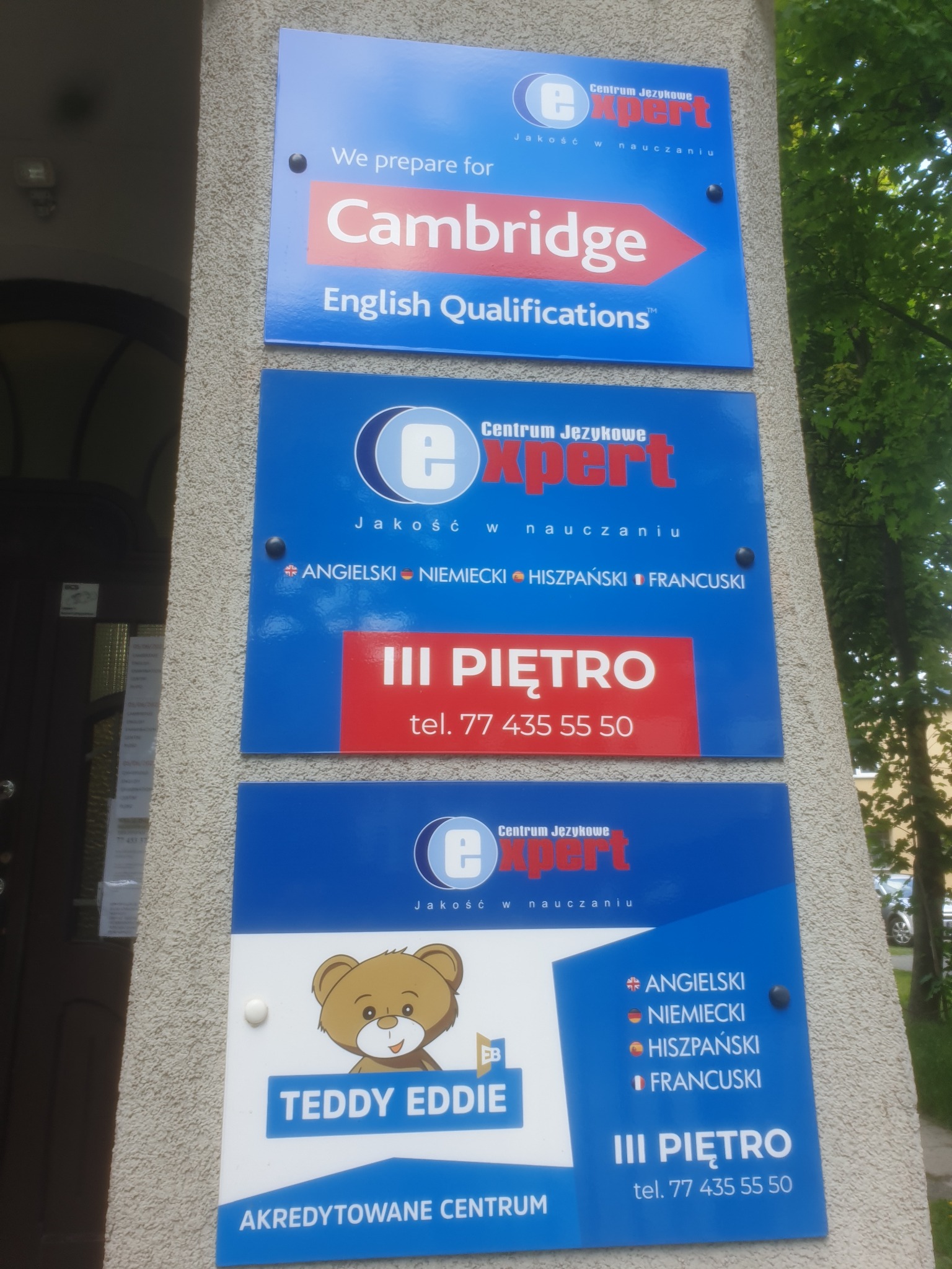 Tablice informacyjne Centrum Językowego Expert na elewacji budynku, oferujące kursy językowe i przygotowanie do egzaminów Cambridge, z maskotką Teddy Eddie dla dzieci.