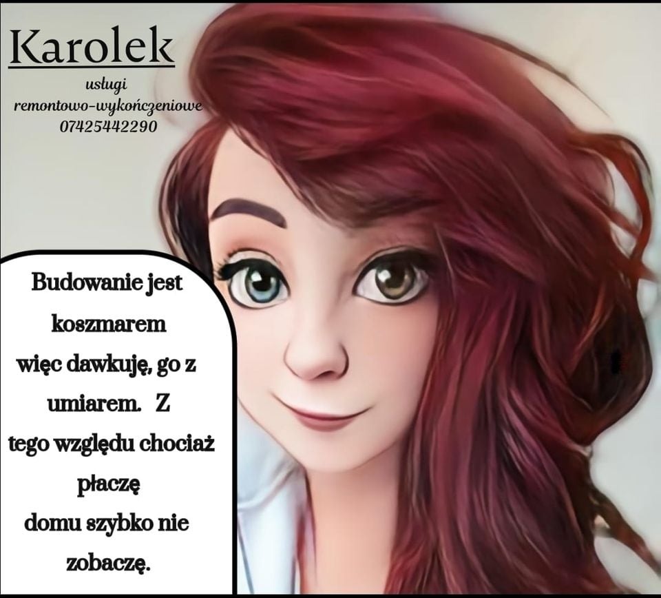 Karykatura kobiety z czerwonymi włosami, logo firmy remontowo-wykończeniowej Karolek z numerem telefonu i żartobliwym hasłem o budowaniu.