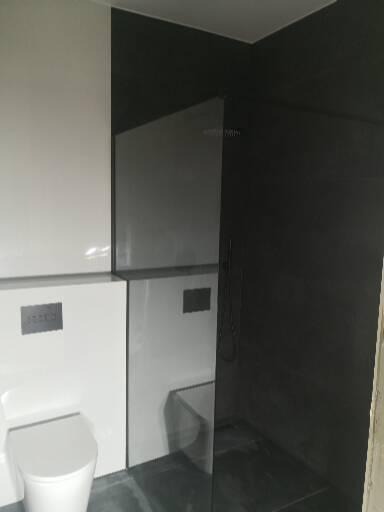 Nowoczesna łazienka z kontrastowym połączeniem białych i czarnych płytek, wisząca toaleta z ukrytym systemem spłukiwania, szklana kabina prysznicowa.