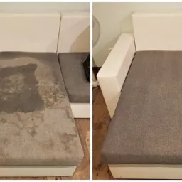 Dwuetapowe ujęcie czyszczenia tapicerki: widoczne plamy na szarym siedzisku sofy przed praniem i czyste, odświeżone siedzisko po usunięciu zabrudzeń.