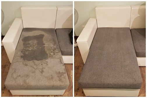 Dwuetapowe ujęcie czyszczenia tapicerki: widoczne plamy na szarym siedzisku sofy przed praniem i czyste, odświeżone siedzisko po usunięciu zabrudzeń.