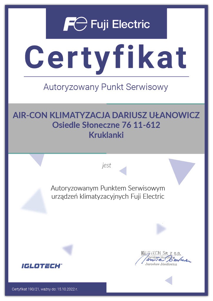 Certyfikat autoryzowanego punktu serwisowego urządzeń klimatyzacyjnych Fuji Electric, wystawiony dla firmy AIR-CON KLIMATYZACJA DARIUSZ UŁANOWICZ z Kruklanek, z logo Fuji Electric i IGLOTECH.